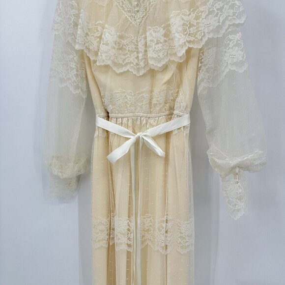 vintage 70s WEDDING DRESS bridal lace victorian boho ivory off white maxi M L - Picture 5 of 13